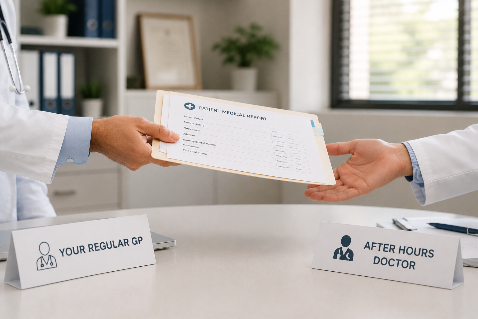 Patient medical report being handed to a regular GP