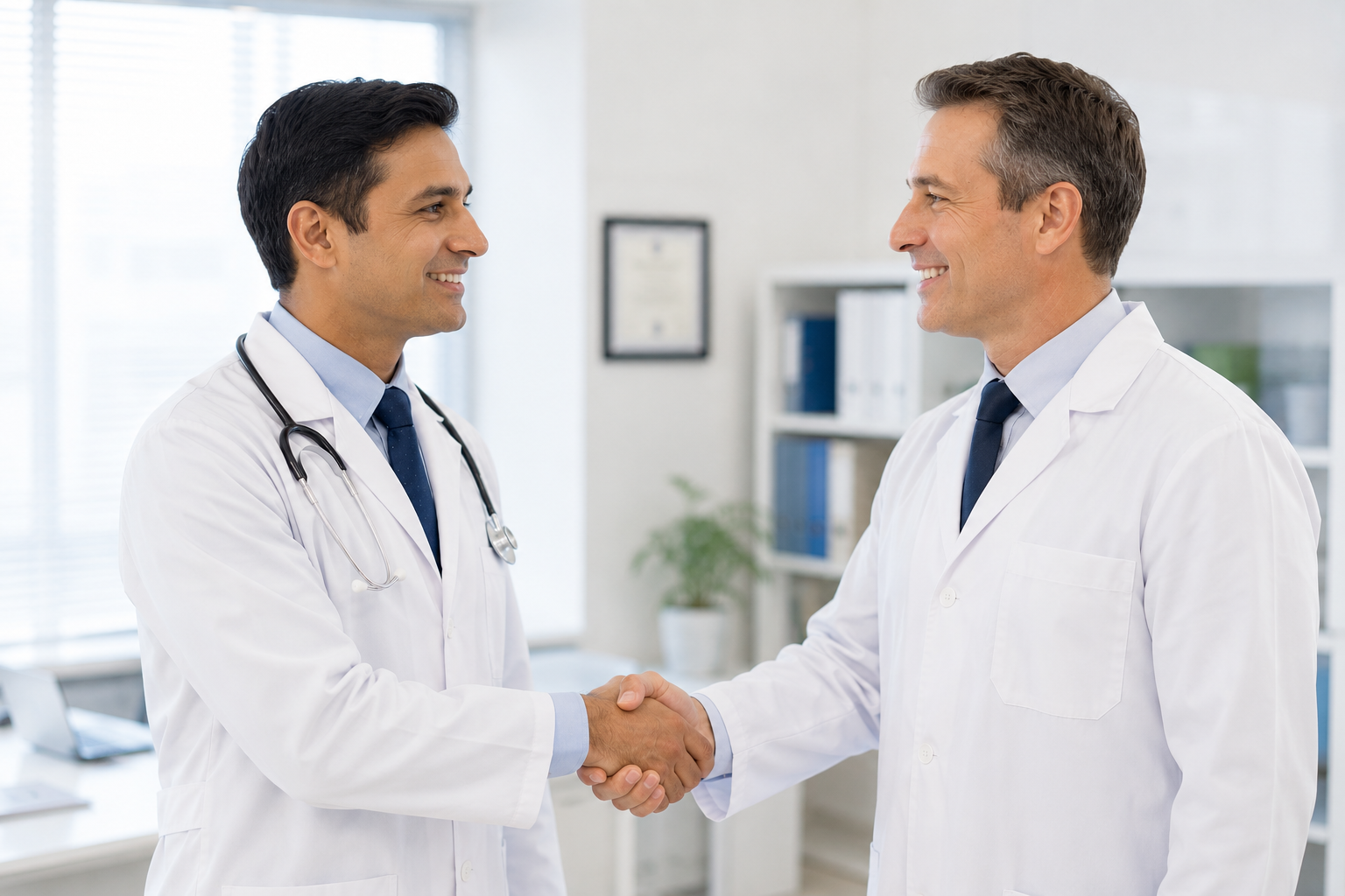 Two doctors greeting each other in a clinic