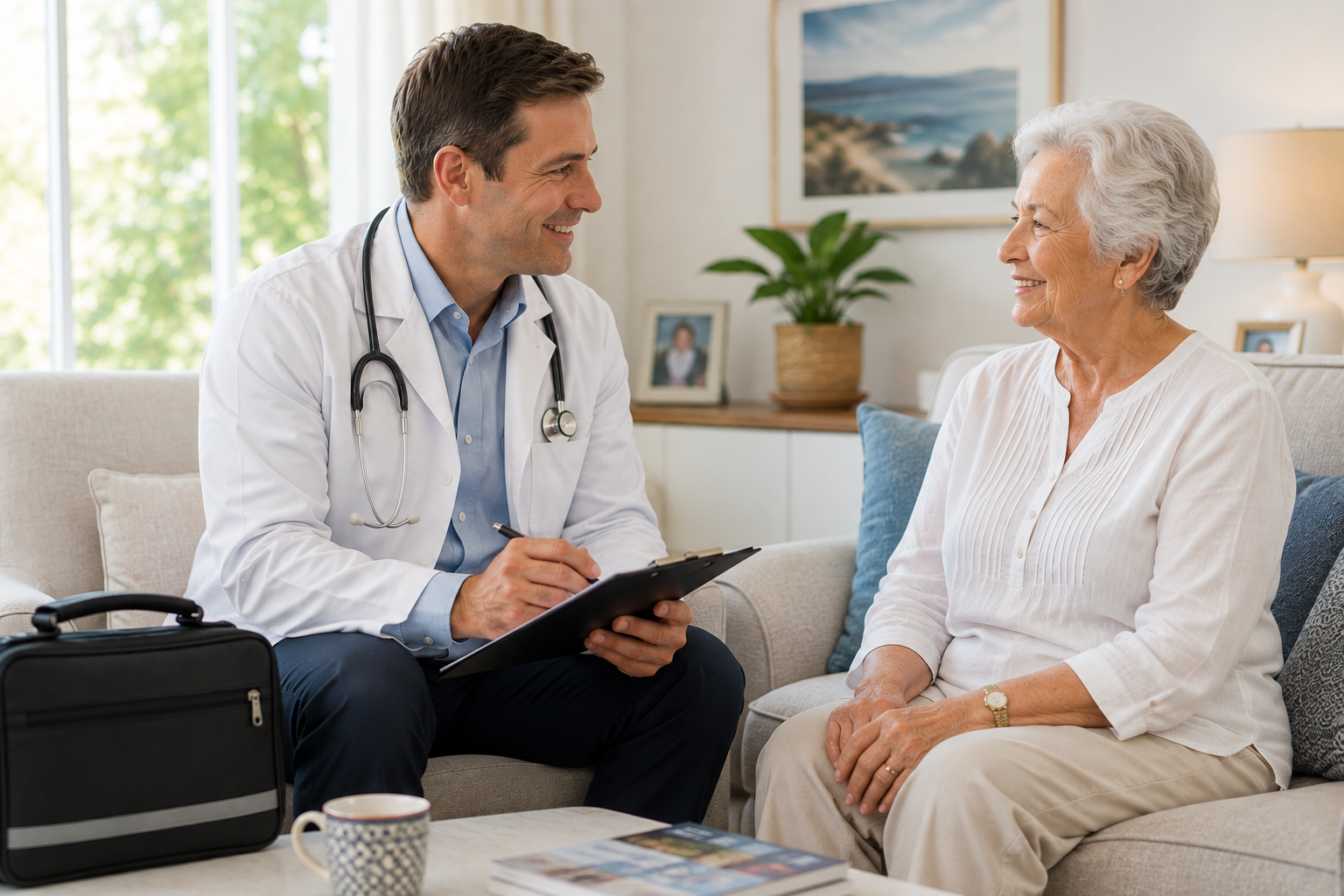 Doctor speaking with an older patient during a home visit